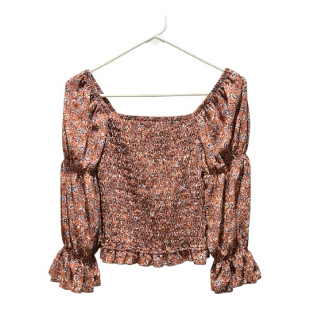By and By Juniors Smocked Crop Top Floral Square Neck Puff Sleeve XS